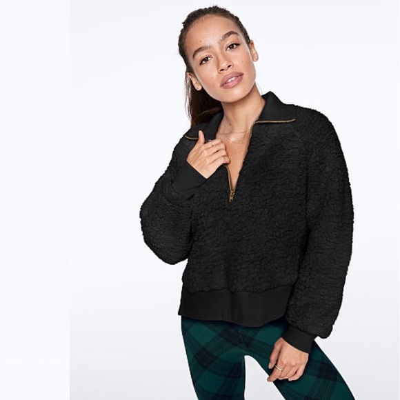 Victoria’s Secret PINK Sherpa Half Zip Pure Black - Picture 1 of 2